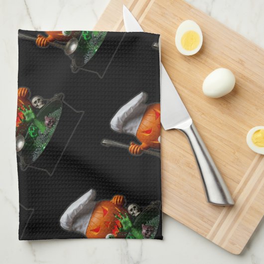 Pumpkin Chef Halloween – Spooky Cauldron design キッチンタオル (四つ折り)