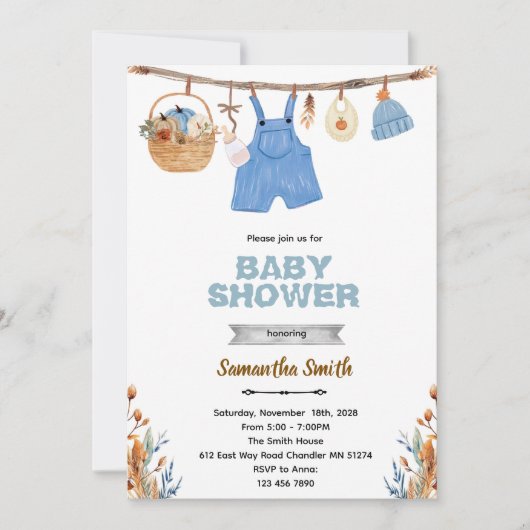 Pumpkin clothesline boy baby shower invitation  招待状 (正面)