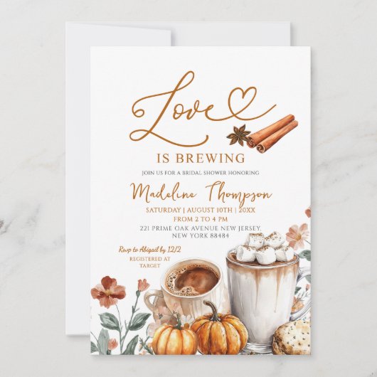 Pumpkin Coffee Theme Love is Brewing Bridal Shower 招待状 (正面)