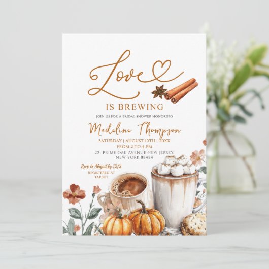 Pumpkin Coffee Theme Love is Brewing Bridal Shower 招待状 (スタンド正面)