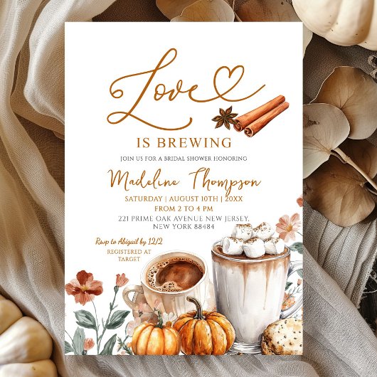 Pumpkin Coffee Theme Love is Brewing Bridal Shower 招待状