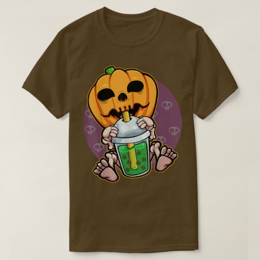 Pumpkin Drinking Boba Lazy Halloween Costume Jack  Tシャツ (デザイン正面)