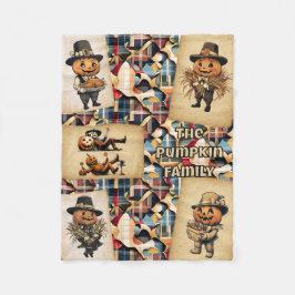 Pumpkin Family Pilgrims Plaid フリースブランケット