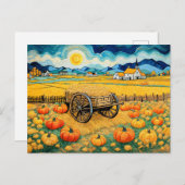 Pumpkin Field Harvest with Hay Wagon シーズンポストカード (正面/裏面)
