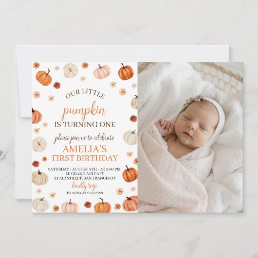 Pumpkin First Birthday Photo Invite 招待状 (正面)