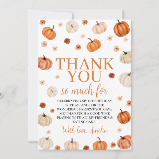 Pumpkin First Birthday Thank You Card 招待状 (正面)