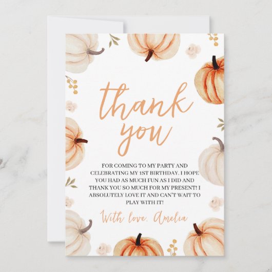 Pumpkin First Birthday Thank You Card 招待状 (正面)