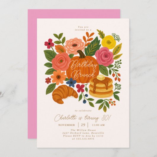 Pumpkin Floral Birthday Brunch Invitation Fall 招待状 (正面/裏面)