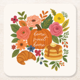 Pumpkin Floral Home Sweet Home Coaster Fall スクエアペーパーコースター