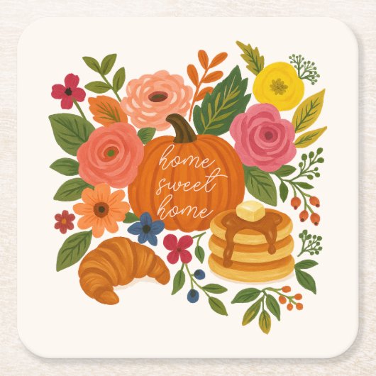 Pumpkin Floral Home Sweet Home Coaster Fall スクエアペーパーコースター (正面)