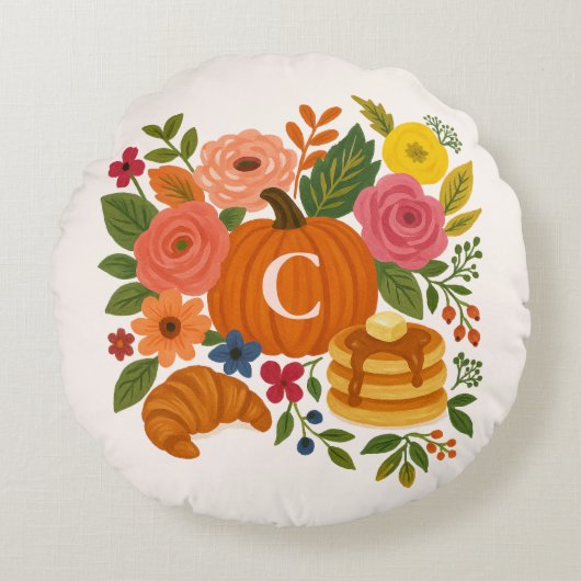 Pumpkin Floral Monogram Round Pillow Fall ラウンドクッション (正面)
