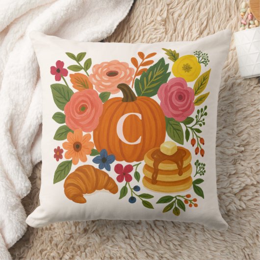 Pumpkin Floral Monogram Throw Pillow クッション (ブランケット)