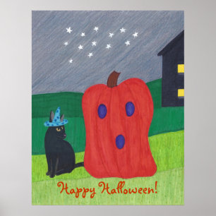 Pumpkin Ghost and Wizard Cat Halloween Posters ポスター