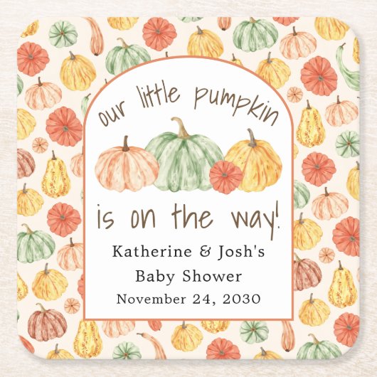 Pumpkin Gourd Autumn Baby Shower スクエアペーパーコースター (正面)