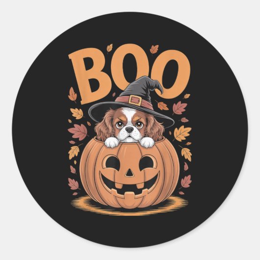 Pumpkin Halloween Cavalier King Charles Spaniel ラウンドシール (正面)