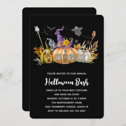 Pumpkin House with Ghost & Bats Halloween 招待状 (正面/裏面)