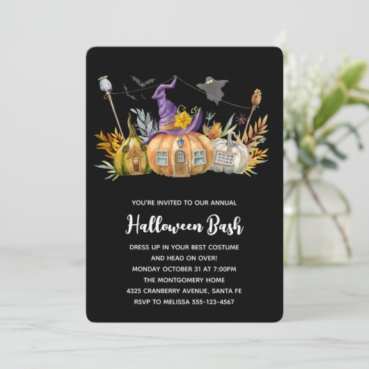 Pumpkin House with Ghost & Bats Halloween 招待状 (スタンド正面)