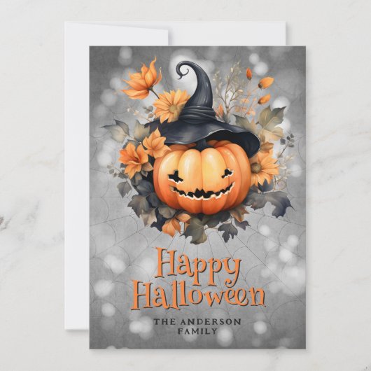 Pumpkin In A Hat Flowers Happy Halloween Card シーズンカード (正面)