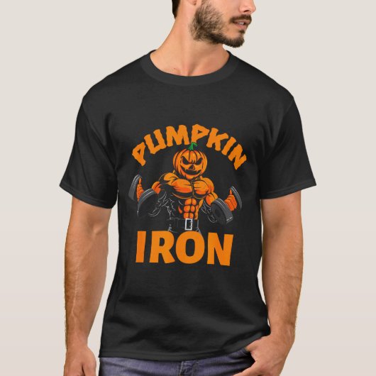 Pumpkin Iron Halloween Gym Workout Lifting Pun Fun Tシャツ (正面)
