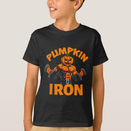 Pumpkin Iron Halloween Gym Workout Lifting Pun Fun Tシャツ (正面)