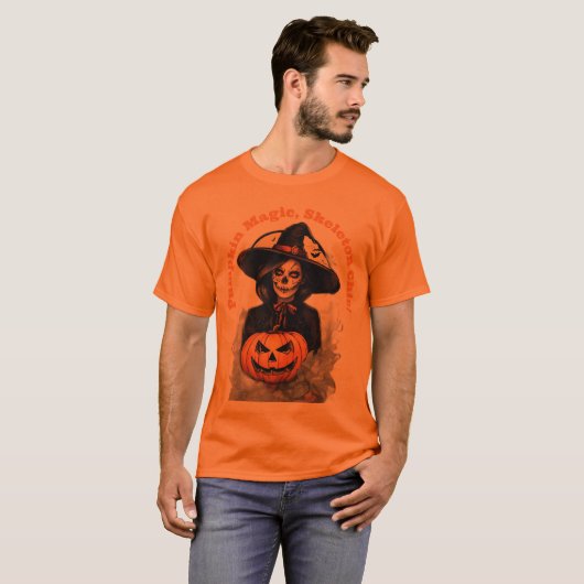 Pumpkin Magic, Skeleton Chic – Halloween Witch  Tシャツ (正面フル)