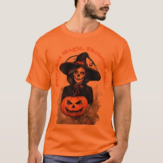 Pumpkin Magic, Skeleton Chic – Halloween Witch  Tシャツ (正面)