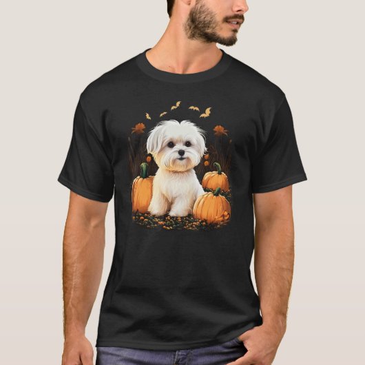 Pumpkin Maltese dog costume on Maltese dog Hallowe Tシャツ (正面)