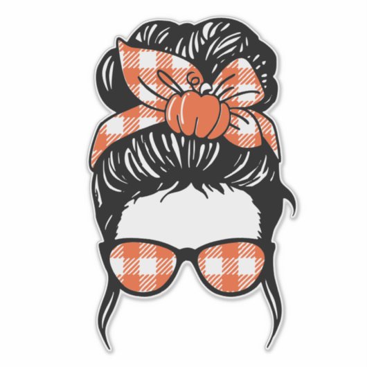 Pumpkin Messy Bun Sticker – Fall Plaid Hair Bow シール (正面)