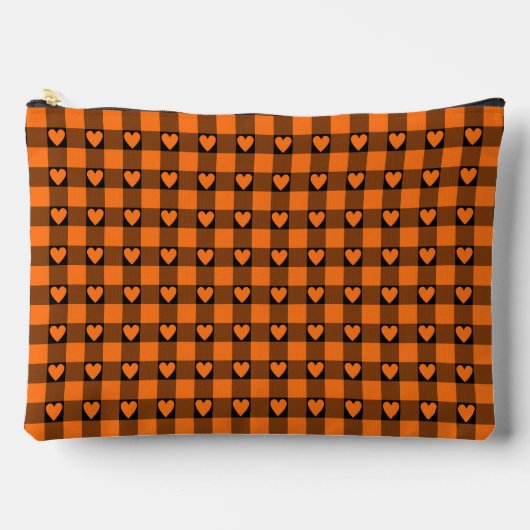 Pumpkin Orange Black Buffalo Heart Plaid アクセサリーポーチ (正面)