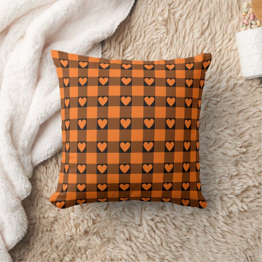 Pumpkin Orange Black Buffalo Heart Plaid クッション (ブランケット)