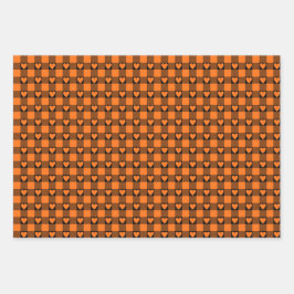 Pumpkin Orange Black Buffalo Heart Plaid ラッピングペーパーシート