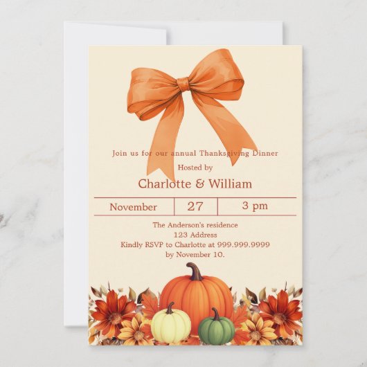 Pumpkin orange bow Thanksgiving Dinner 招待状 (正面)