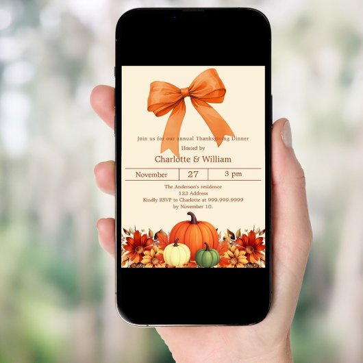 Pumpkin orange bow Thanksgiving Dinner 招待状