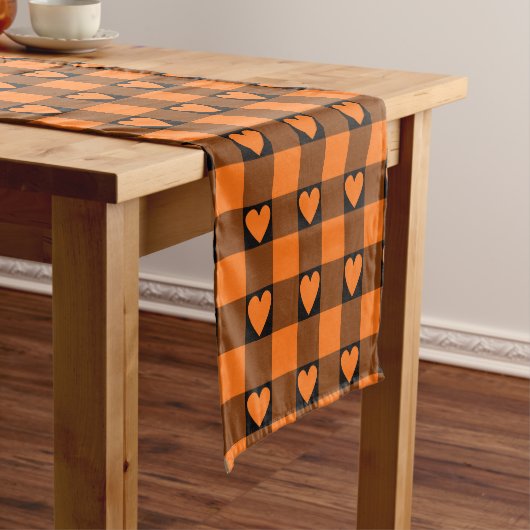 Pumpkin Orange Buffalo Heart Plaid Table Runner ショートテーブルランナー (インサイチュ)