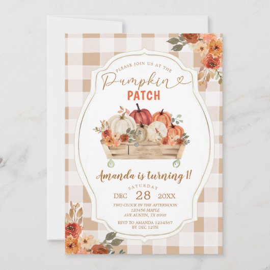 Pumpkin Patch Autumn Gingham Floral First Birthday 招待状 (正面)