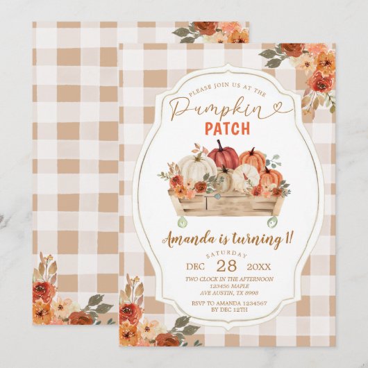 Pumpkin Patch Autumn Gingham Floral First Birthday 招待状 (正面/裏面)