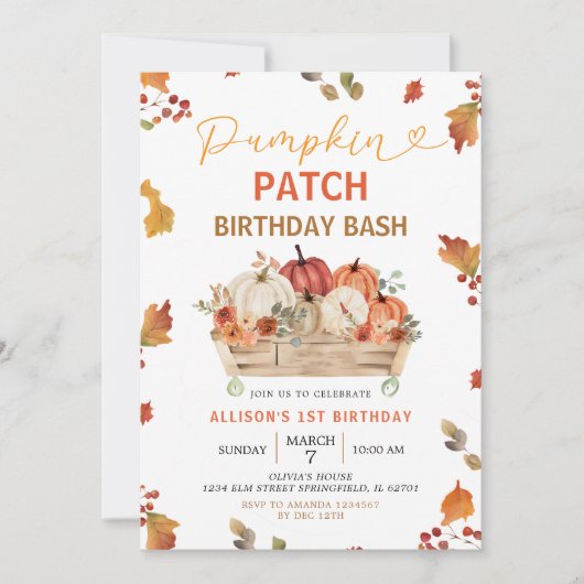 Pumpkin Patch Autumn Rustic Leaves First Birthday 招待状 (正面)