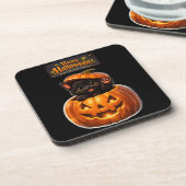 Pumpkin peeking kitty whimsical happy Halloween コースター (左側)
