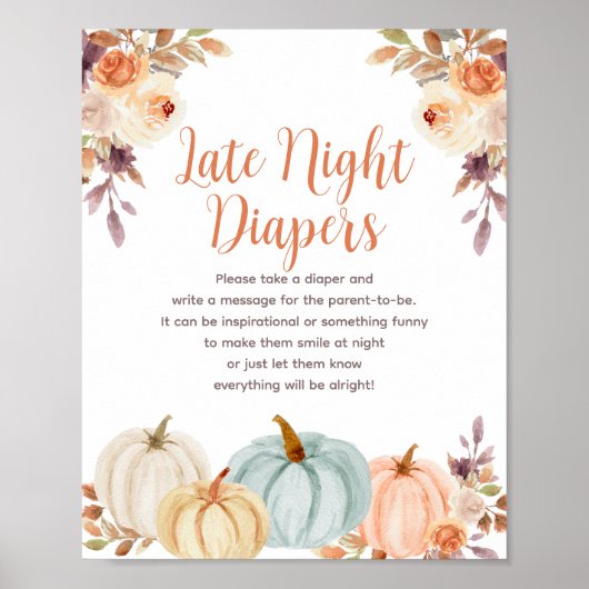 Pumpkin Rustic Floral Night Diapers Sign Poster ポスター (正面)