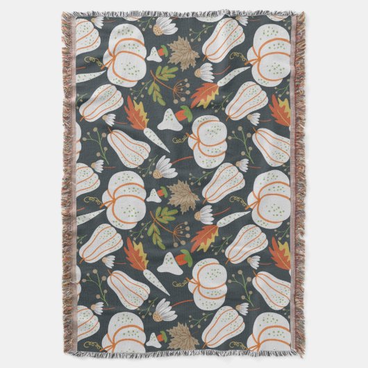 Pumpkin seamless pattern floral black and white スローブランケット (正面縦)