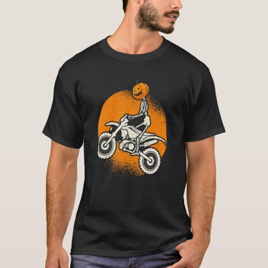 Pumpkin Skeleton Dirt Bike Rider Halloween Motocro Tシャツ (正面)
