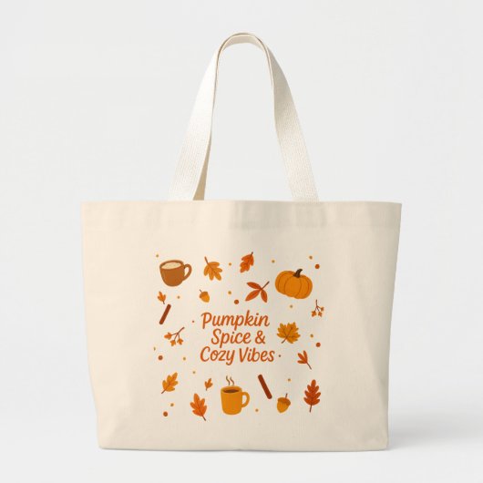 Pumpkin Spice & Cozy Vibes Fall Tote Bag ラージトートバッグ (正面)