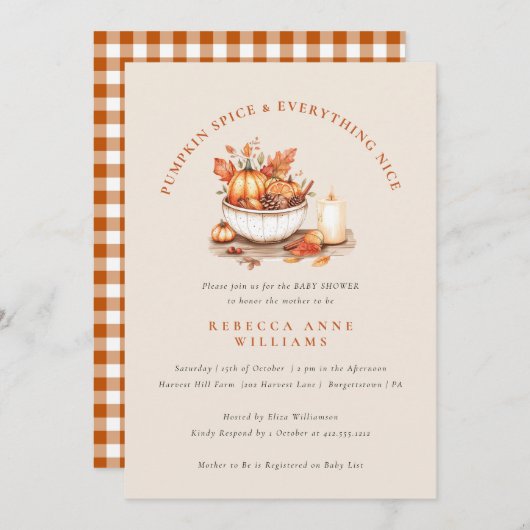 Pumpkin Spice & Everything Nice – Fall Baby Shower 招待状 (正面/裏面)