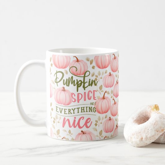 Pumpkin Spice Everything Nice Pink Pattern Fall コーヒーマグカップ (ドーナツ)