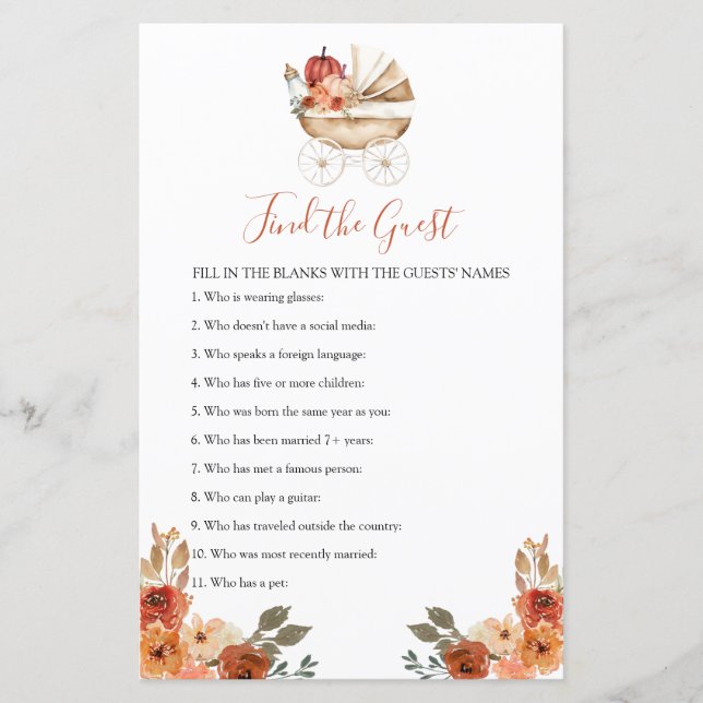 Pumpkin Stroller Floral Baby Shower Find The Guest (正面)