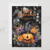 Pumpkin Wearing A Hat Floral Photo Halloween Card シーズンカード (正面)