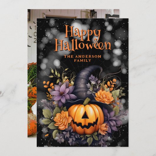 Pumpkin Wearing A Hat Floral Photo Halloween Card シーズンカード (正面/裏面)