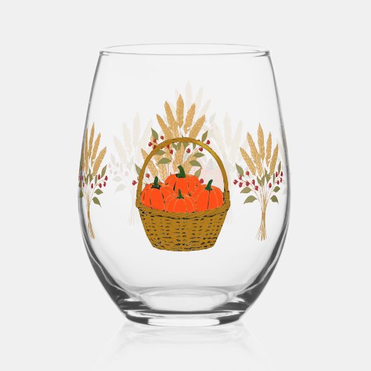 🎃 **Pumpkin & Wheat Stemless Wine Glass ステムなしワイングラス (正面)