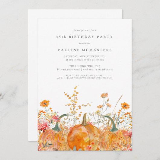 Pumpkin Wildflower Fall Watercolor 45th Birthday  招待状 (正面/裏面)