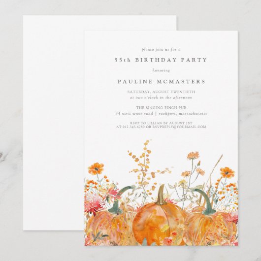 Pumpkin Wildflower Fall Watercolor 55th Birthday  招待状 (正面/裏面)